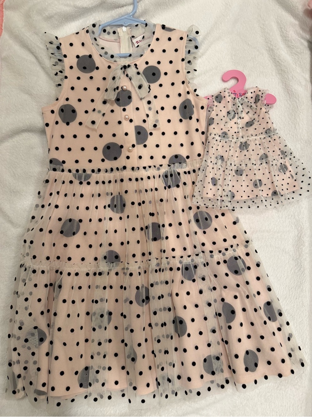 American Girl Pink and Black Polka Dot Tiered Dress with the doll dress set